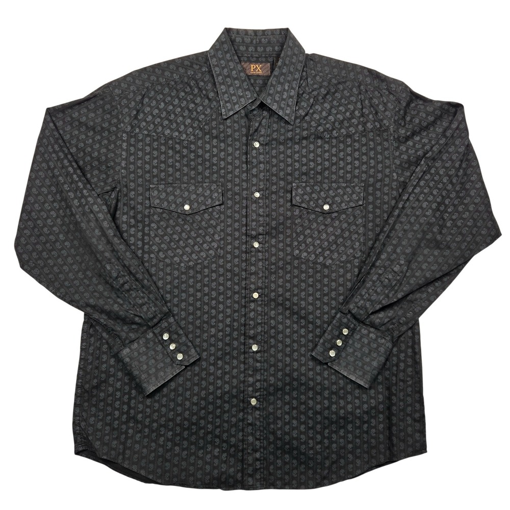 PX Clothing Western Pearl Snap Shirt Mens Large Black Paisley Long Sleeve Cotton